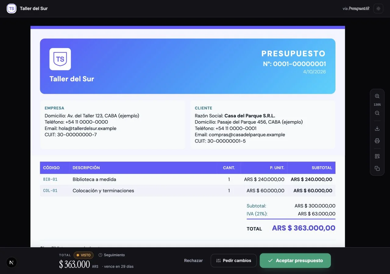 Vista pública real de un presupuesto para el cliente, con datos de ejemplo. Versión Desktop, modo oscuro.