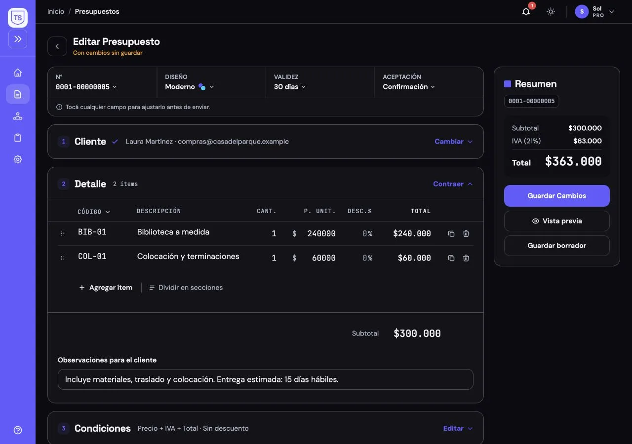 Editor real de presupuestos con ítems, cantidades y precios de ejemplo. Versión Desktop, modo oscuro.