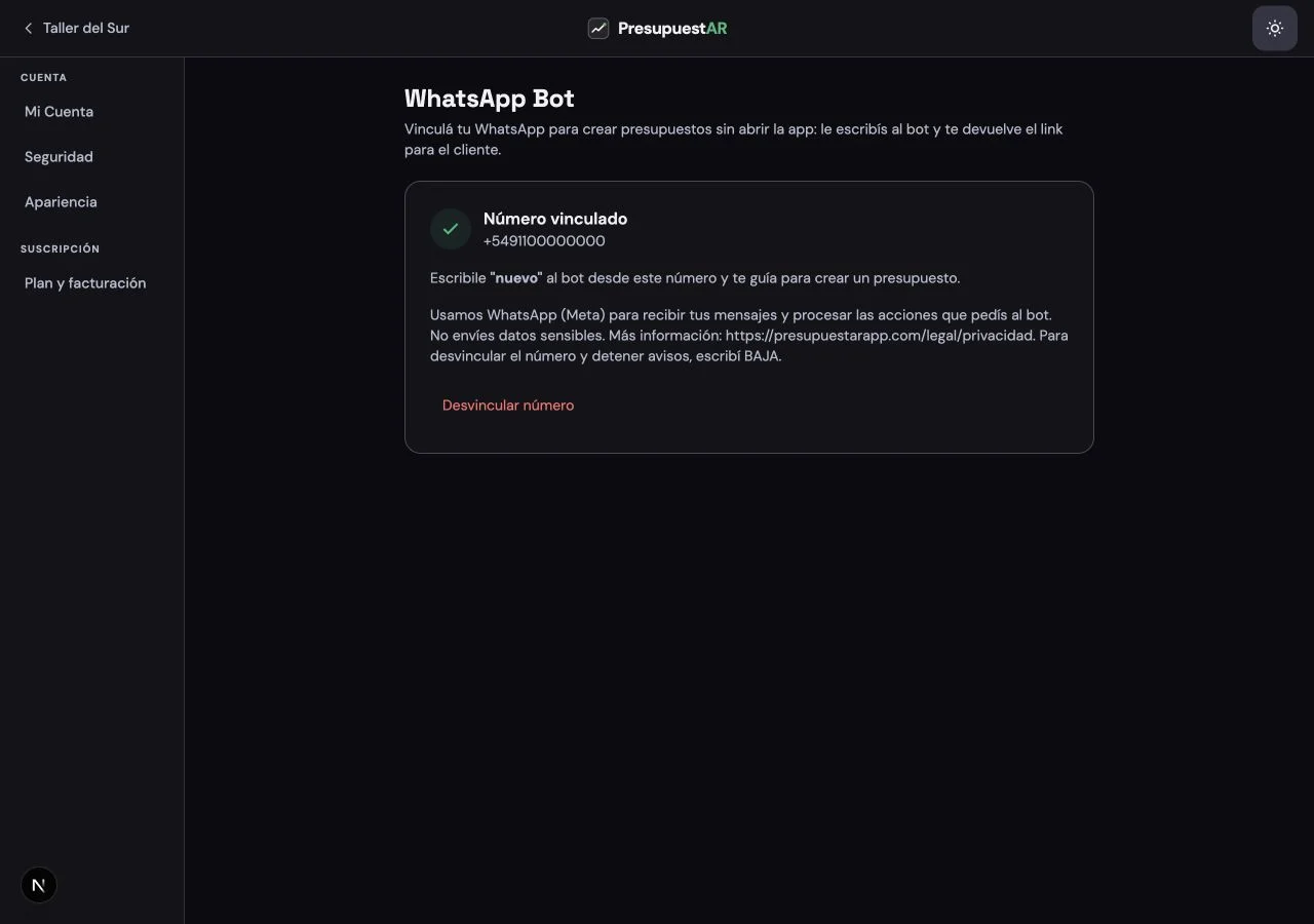 Pantalla real para vincular el número de WhatsApp del negocio. Versión Desktop, modo oscuro.