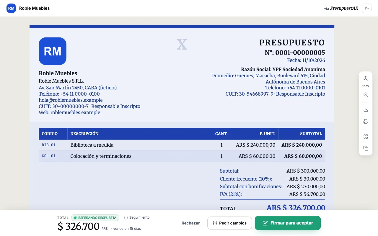 Así ve tu cliente el presupuesto: los datos de tu negocio, los ítems y el total