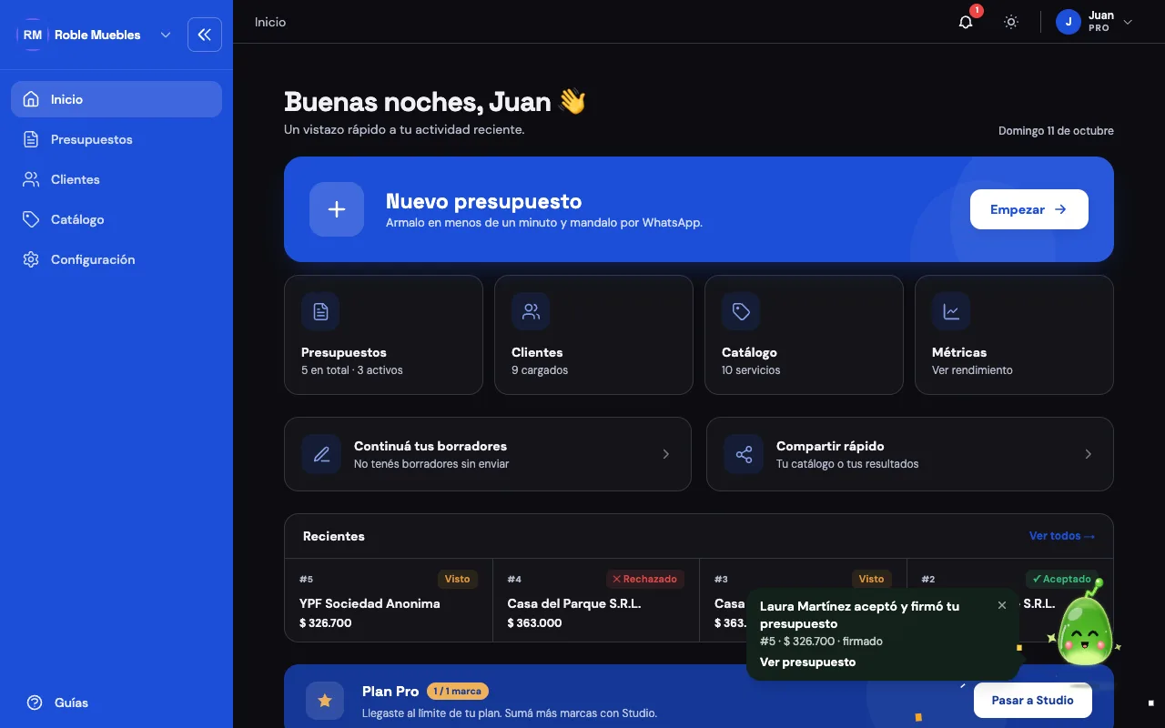 Inicio de la app con los presupuestos recientes y Presu festejando: el cliente aceptó y firmó.